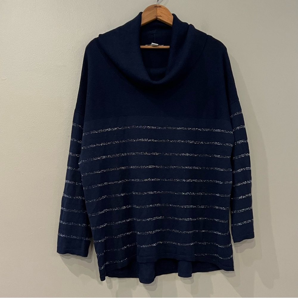 Wool Blend Cowl‎ Neck Sweater Navy Metallic Silver Stripe 1X 18 Coldwater Creek